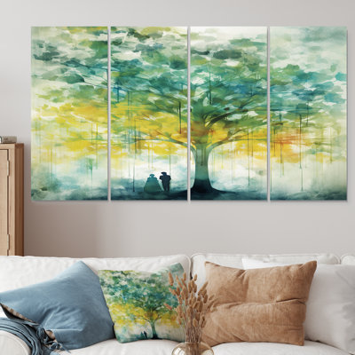 «Alone By The Majestic Tree Vintage Grunge», art mural en chêne sur toile, 4 pièces