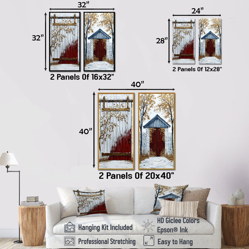 Ensemble de 2 pièces de porte de grange blanche décorée de beauté - I, H 32 po x l 32 po, Toile tendue sur cadre
