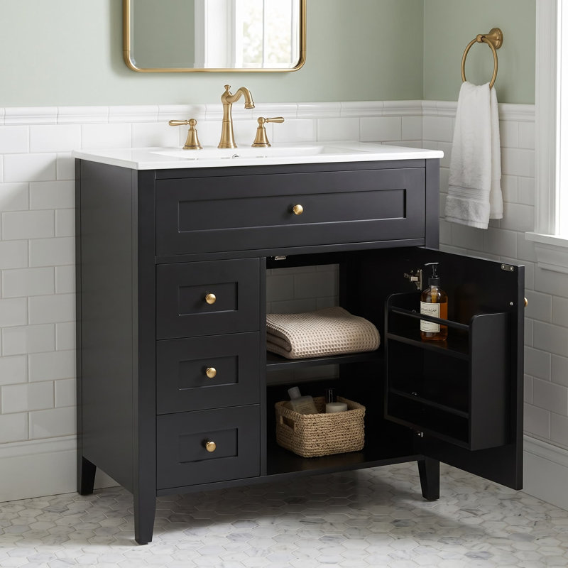Meuble-lavabo noir de 76 cm avec lavabo, meuble-lavabo autoportant pour rangement de salle de bain, Noir