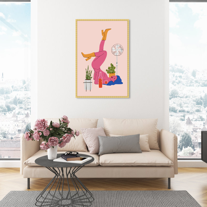 Rose, pose - peinture, H 45 po x l 30 po, Papier avec cadre doré