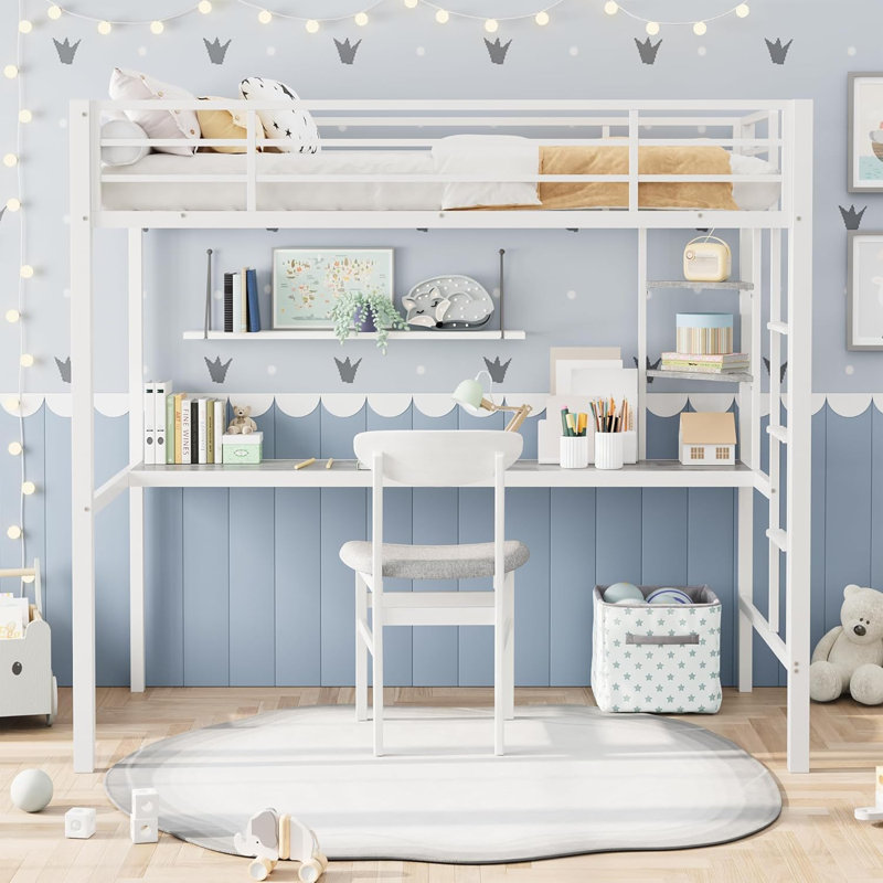 Twin Loft Bed with Desk & Storage Shelves, Heavy Duty Metal Frame, Space Saving, White/Gray, White/Gray