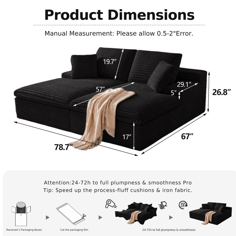 Canapé-lit modulaire en velours côtelé 78,7 po surdimensionné pour lit double en velours côtelé avec sièges profonds double couche, canapé-lit sans cadre avec 4 coussins, sans assemblage requis (noir)