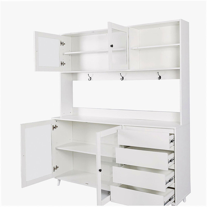63" W Large Kitchen Hutch Cabinet, Freestanding Pantry Cabinets Storage Kitchen Cupboard with 4 Doors, 4 Drawers & Microwave Shelf