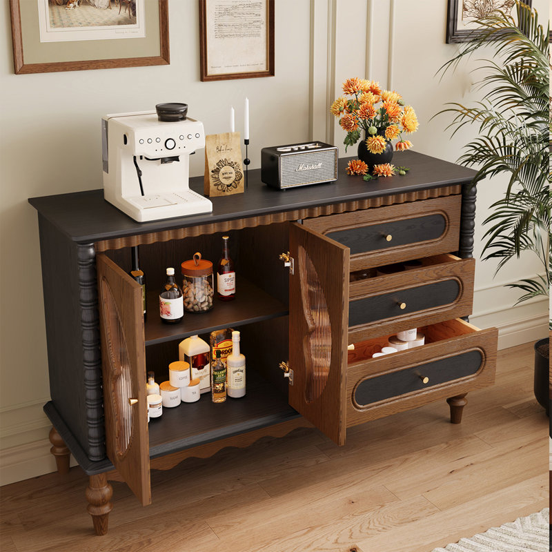 47.24" Modern Retro Solid Wood Sideboard with Butterfly Glass Doors & Large-Capacity Drawers, Simple Style Cabinet for Living Room & Entryway