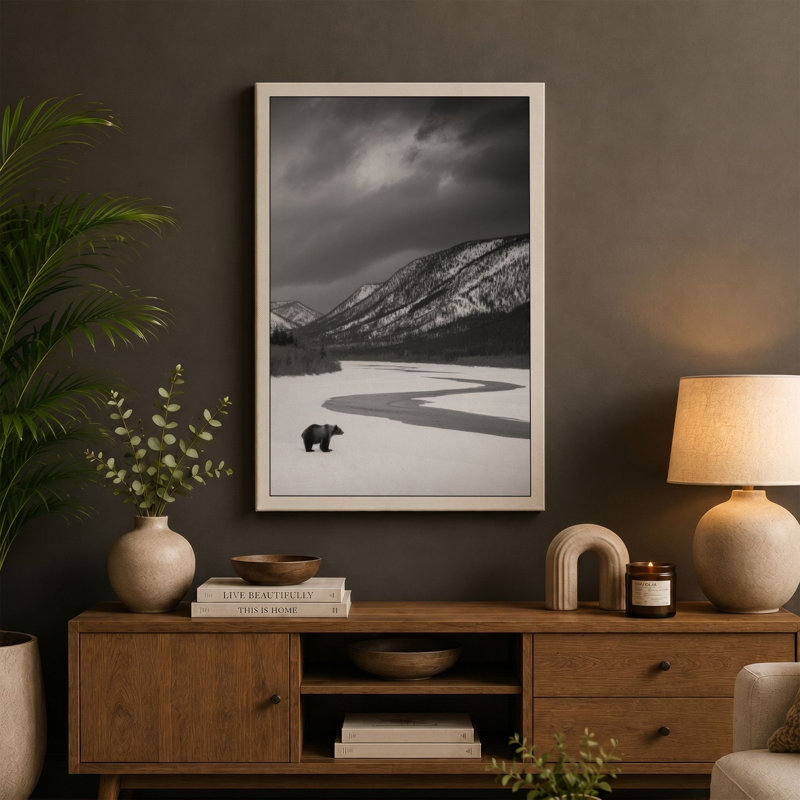 Bear in Isolation Scandinavian - Wrapped Canvas, 30x20 - 76.2 x 50.8 cm, Black Border