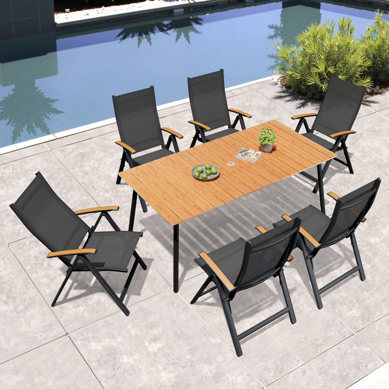  6-Person Outdoor Dining Set with Aluminum Frame and Folded Reclining Armchairs, Brown, 29.13" H x 70.9" L x 33.1" W