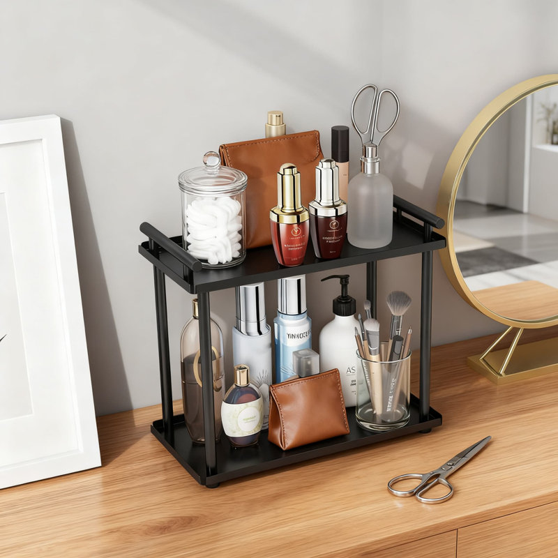Organisateur de comptoir de salle de bain à 2 niveaux, tablette de coiffeuse multifonctionnelle pour le maquillage, les soins de la peau et les articles de toilette avec base antidérapante, solution de rangement peu encombrante pour la salle de bain et la commode
