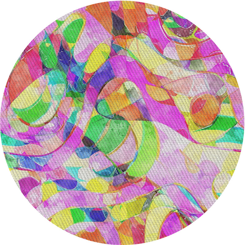 Tapis motif rose/vert/jaune, Rond 3 pi