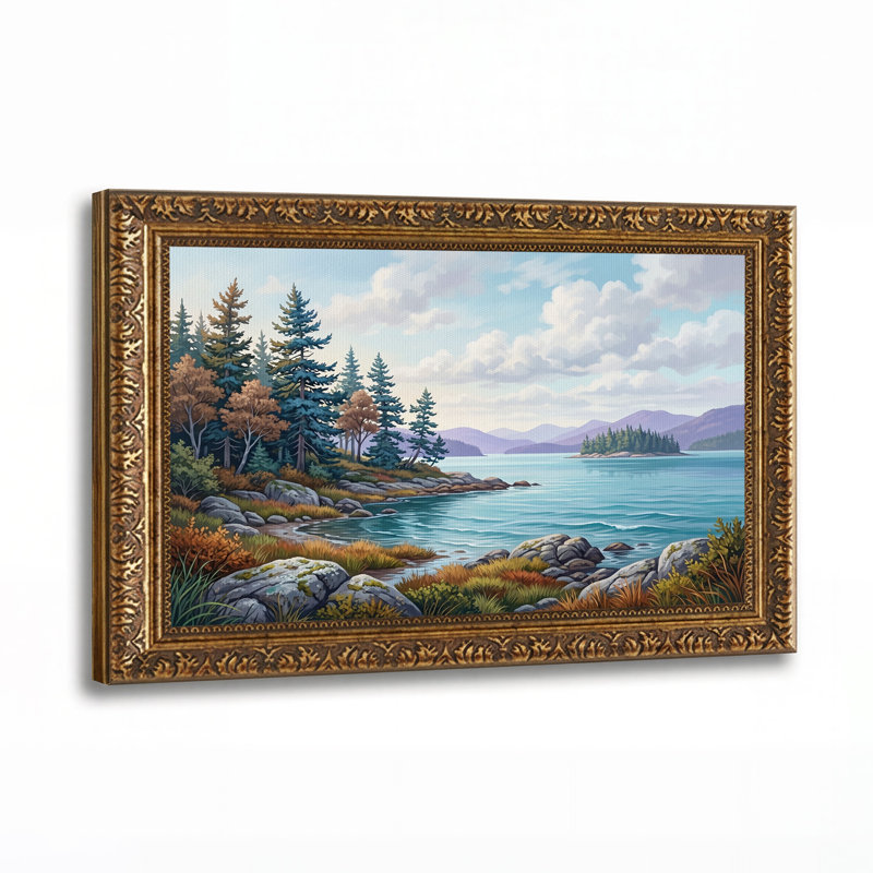 Tableau sur toile représentant un rivage rocheux avec des pins et un lac bleu, H 16 po x l 24 po