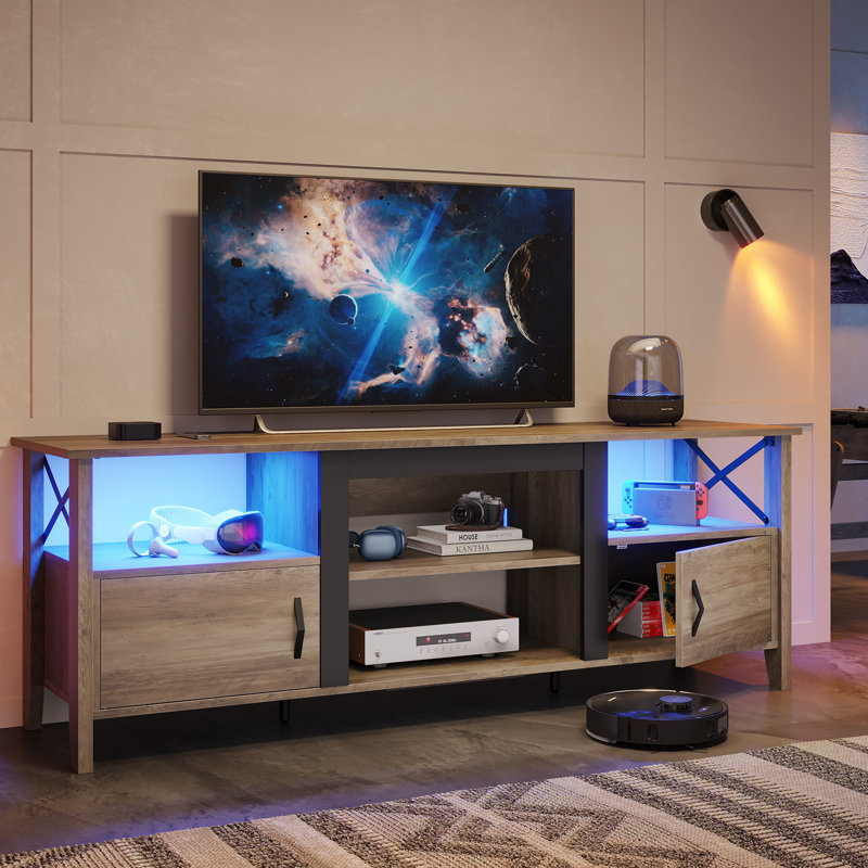Wash Gray Farmhouse TV Stand with LED Lights and Storage Cabinet