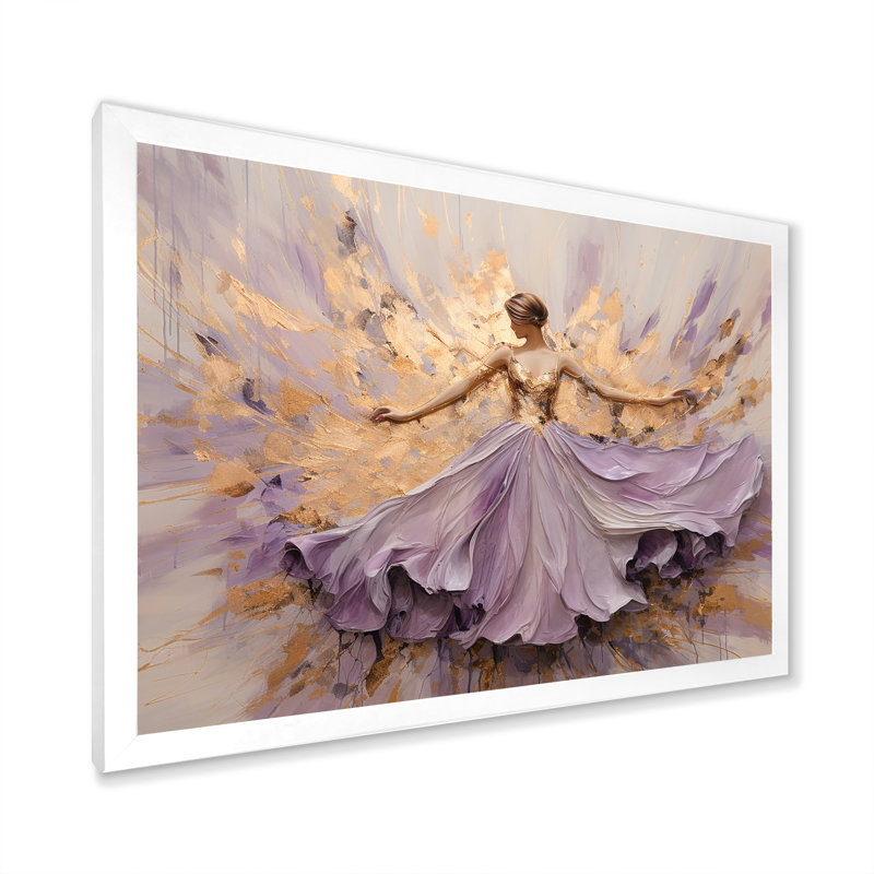 Minimalisme, ballerine mauve dorée - ballet, art mural, H 30 po x l 40 po x P 1,5 po, Cadre blanc