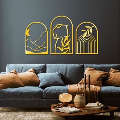 Elegant Decorative Metal Wall Accessory Set (3 Pieces), Gold Finish, 22.8 x 15.7 inches (2 Pieces) & 27.2 x 15.7 inches (1 Piece) | Durable Metal Body, Thickness: 0.06 inches | Perfect for Modern Home Decor & Stylish Interiors