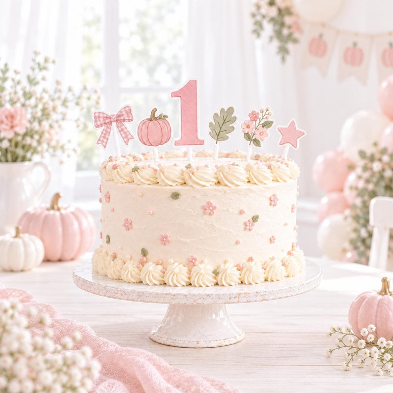Custom Age Pink Pumpkin Cake Topper Set, Fall Birthday Cardstock Decorations (Age: 5), 5