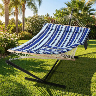 Double Hammock With Stand, 2 Person Cotton Rope Hammock, Blue Stripe