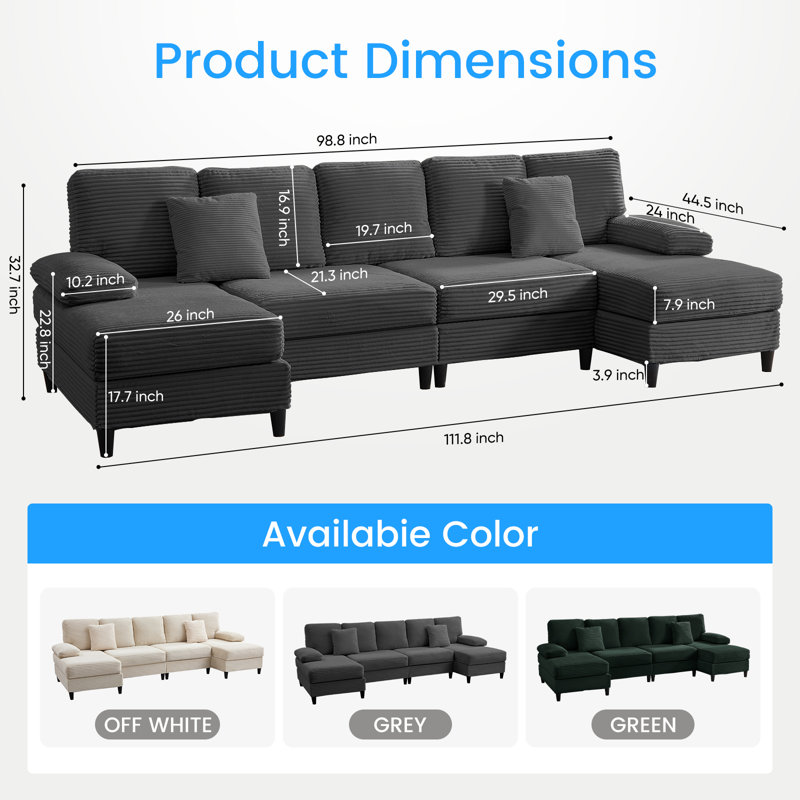 6 Seat U-Shaped Sectional Sofa With Double Chaises And Pillow,111" Wide Modern Soft  Corduroy Sectional Couches For Living Room,Loft, Apartment