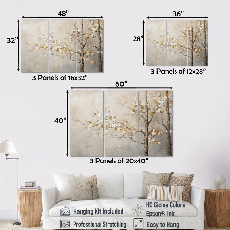 Arbres beiges Harmony III - ensemble d'art sur toile, Toile tendue, H 32 po x l 48 po x P 1 po