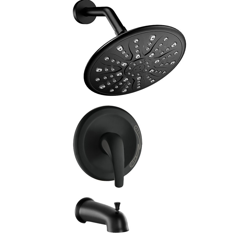 Douche à poignée simple en noir mat lisse. Possède une pomme de douche à effet pluie, une douche à main, un bec de baignoire et une valve. Débit de 1,8 gallons par minute. Résiste à la corrosion. 360 réglable. Robinet mural noir avec une poignée. Débit