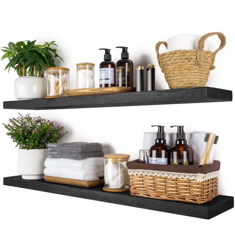 Solid Wood Floating Shelves，Rustic Wooden Wall Shelves, 1.25" H x 36" W x 6.7" D, Black