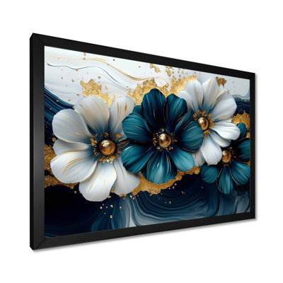 «Golden Arrangement», velours bleu, marguerites, encre III - marguerites, art mural