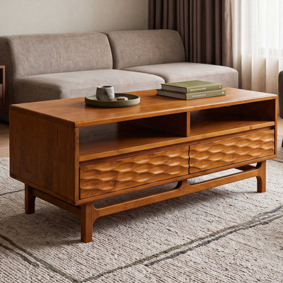  Acacia Elara 47.2”W Coffee Table Storage, Solid Rubber Wood, Suitable for Living Room, Home Office with 2 Drawers and Open Design, Easy Setup