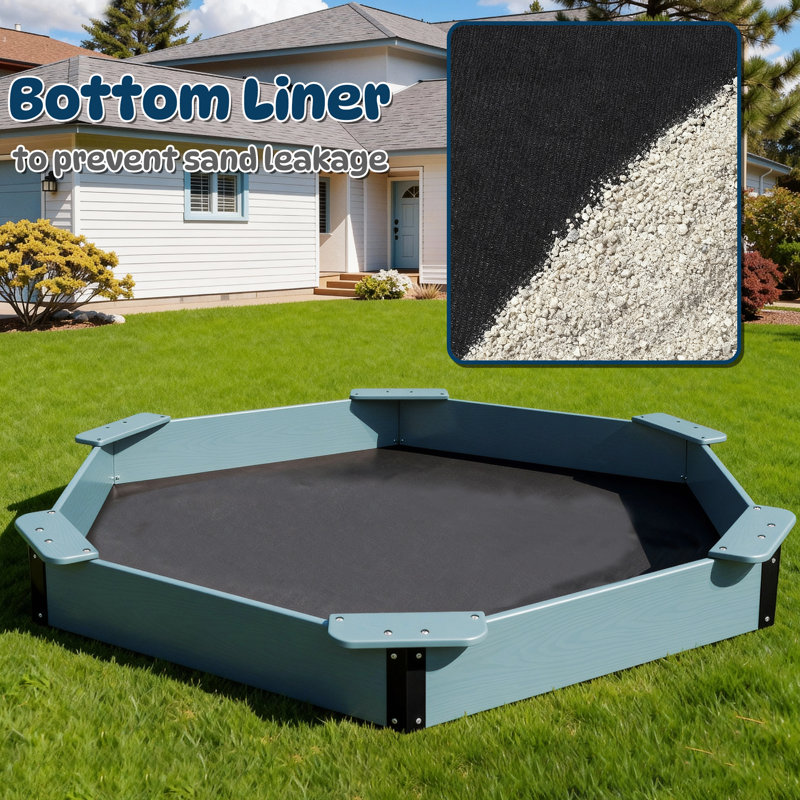 Grand bac à sable Hdpe 78,3 po x 8,4 po avec 6 bancs, bac à sable extérieur hexagonal avec couvercle, Aruba Blue
