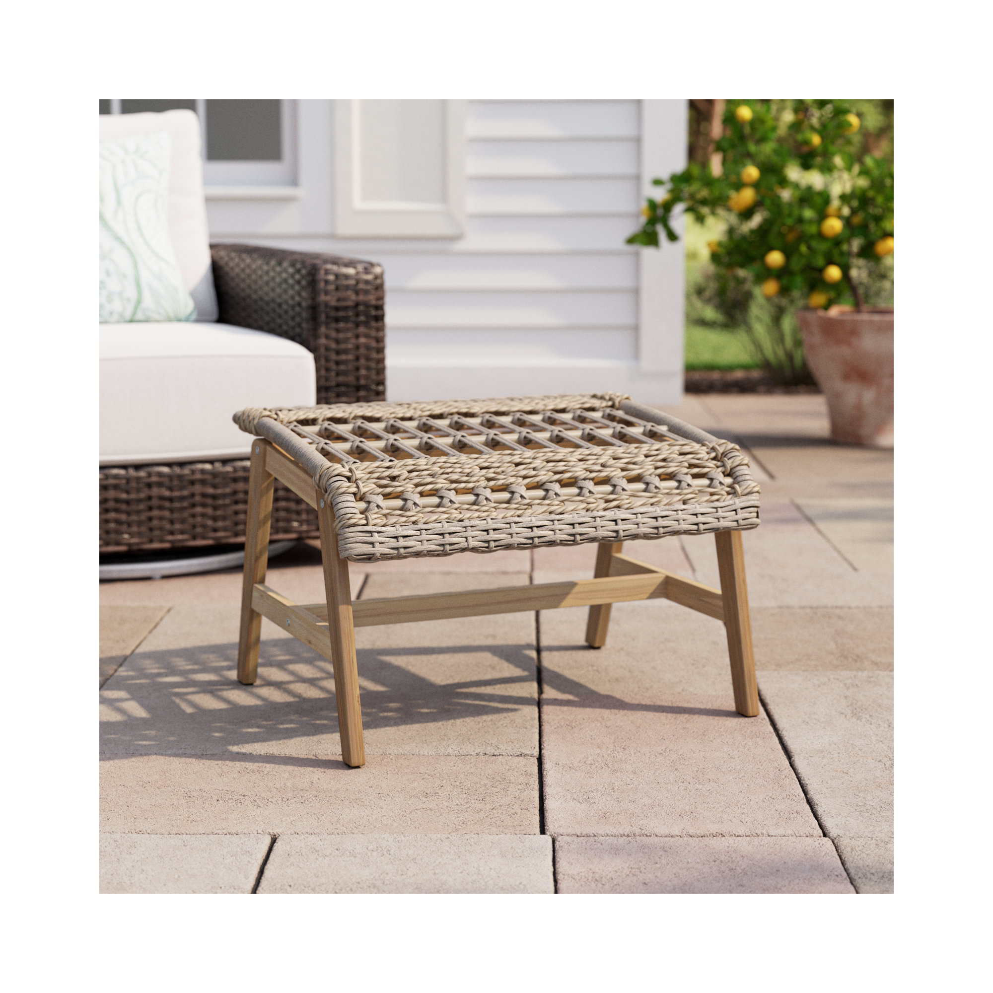Anyston Outdoor Teak Ottoman, Natural Wicker
