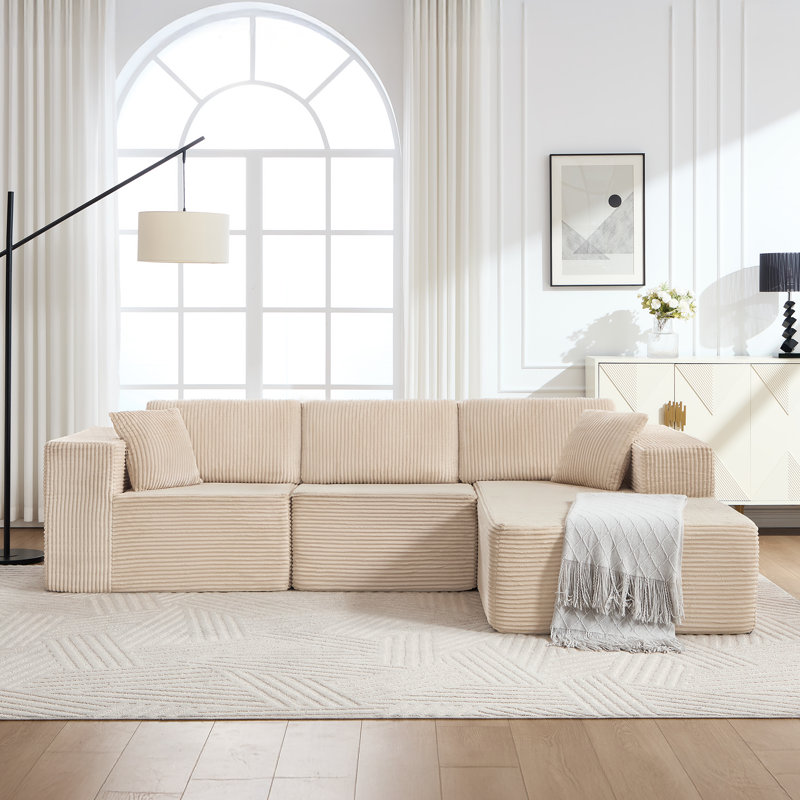 Canapé modulaire 3 pièces sans assemblage en velours côtelé luxueux - Siège profond avec méridienne à combinaison libre