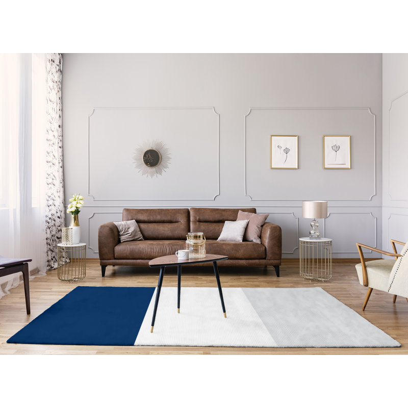 Tapis bleu marine/blanc/gris tissé à plat Houston, Rectangle 8 pi x 10 pi