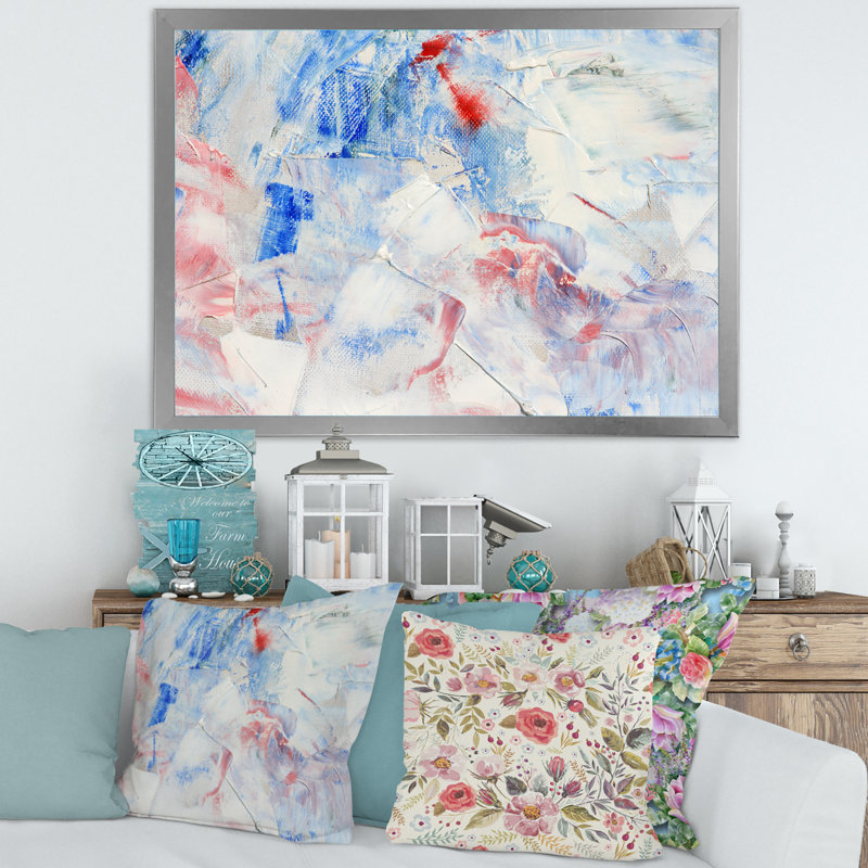 Composition abstraite bleue - peinture sur toile, H 16 po x l 32 po x p 1 po, Encadrement argenté