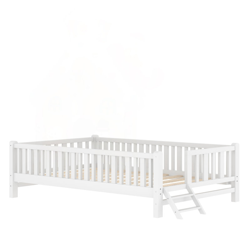 Lit plateforme en bois avec garde-corps, Blanc