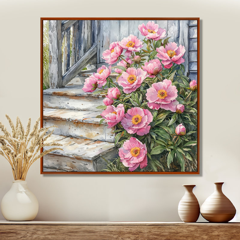 Criswell, pivoines roses par The Farmhouse Steps II - pivoines, art mural, Impression encadrée flottante, Brun