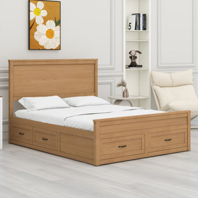 Wood Storage Bed Frame With Drawers And Wooden Slats Support