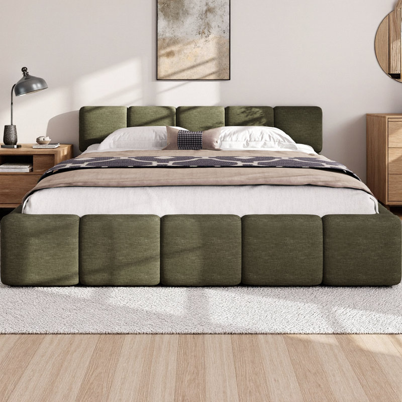 Lit plateforme tapissier avec tête de lit et pied de lit, structure de lit en lin avec base au sol, support en bois massif, sans sommier tapissier, vert