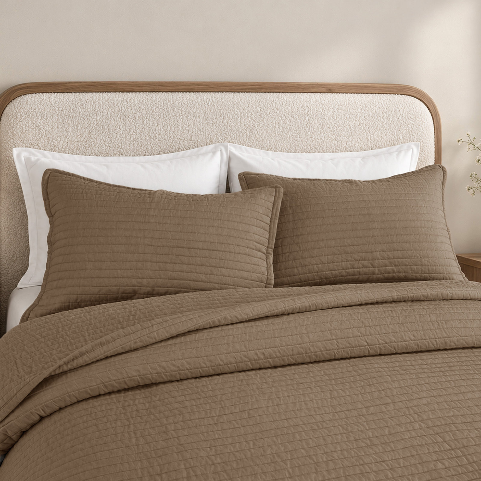 Clara 100% French Linen Channel Quilt Set with Shams, King Quilt + 2 King Shams, Cocoa