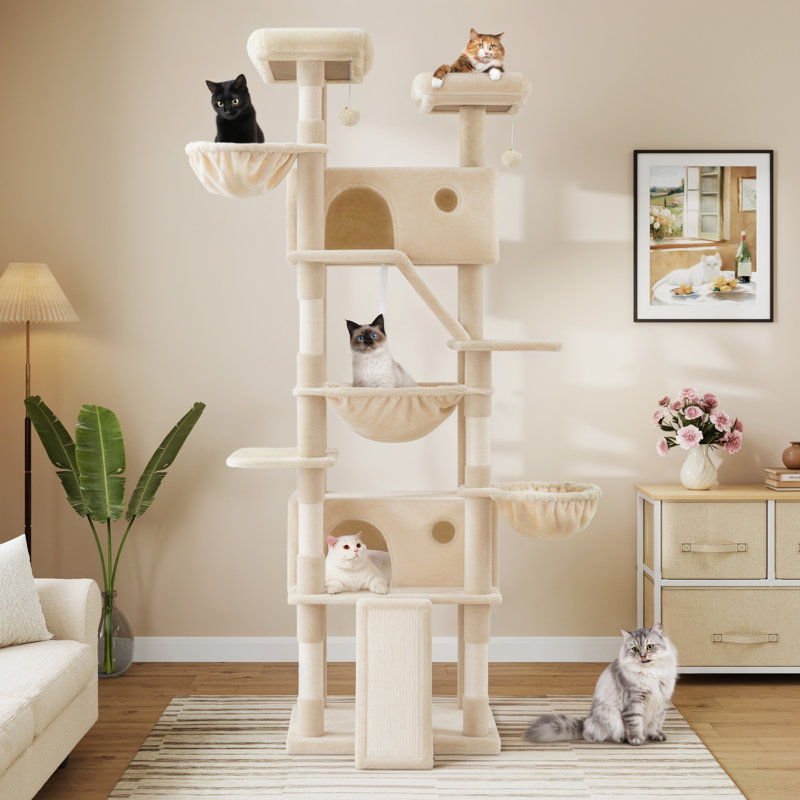  Arbre à chat 81 po avec poteaux à griffer en sisal, perchoirs, condos, paniers et hamac, Crème, crème