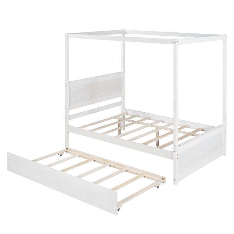 Wood Canopy Bed With Trundle Bed , Brushed White
