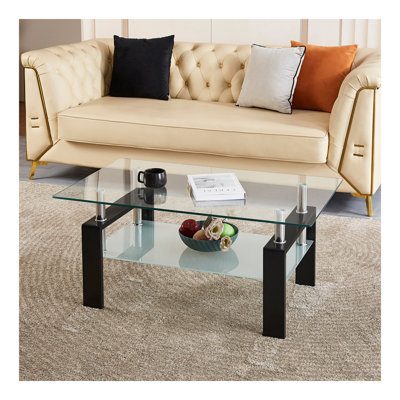 Table basse de salon en verre trempé transparent, 2 couches