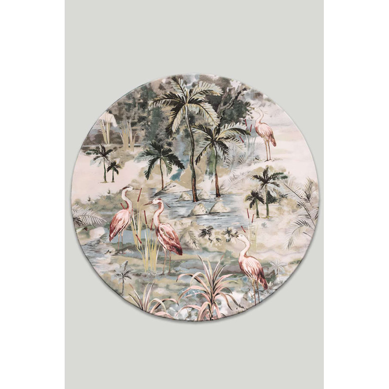 "Exotic Heron Landscape" Washable Cotton Area Rug, Round 4'11"