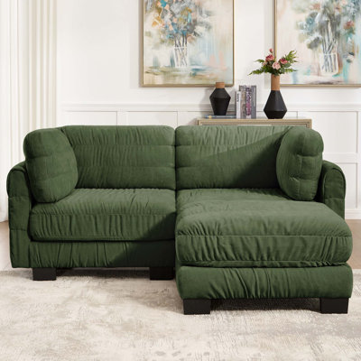 Canapé d'angle modulaire 2 places en chenille à détails froncés, pouf amovible, mousse haute densité, coussins de dossier épais en forme de L, montage facile, pour salon, chambre