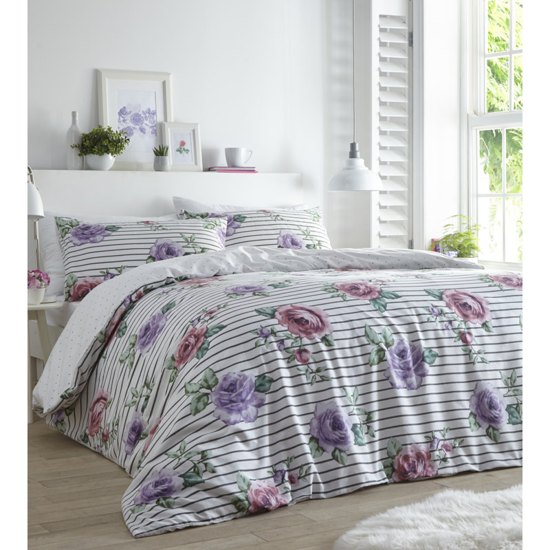Cheer Floral Duvet Cover Set with Pillow Shams, Double - 2 Standard Pillowcases, Heather