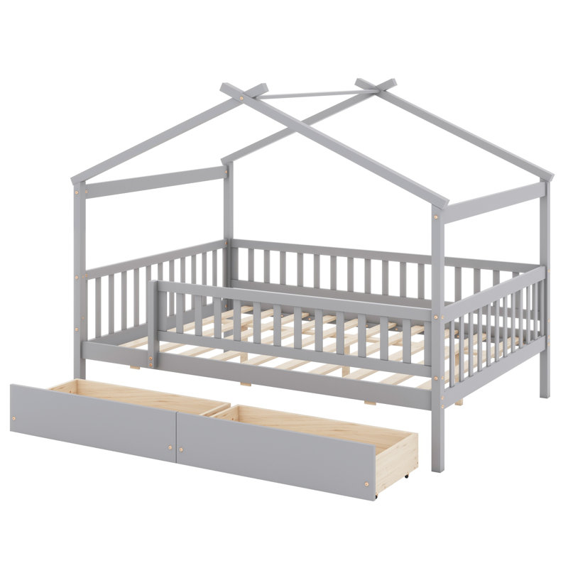 Lit en bois avec deux tiroirs, Gris