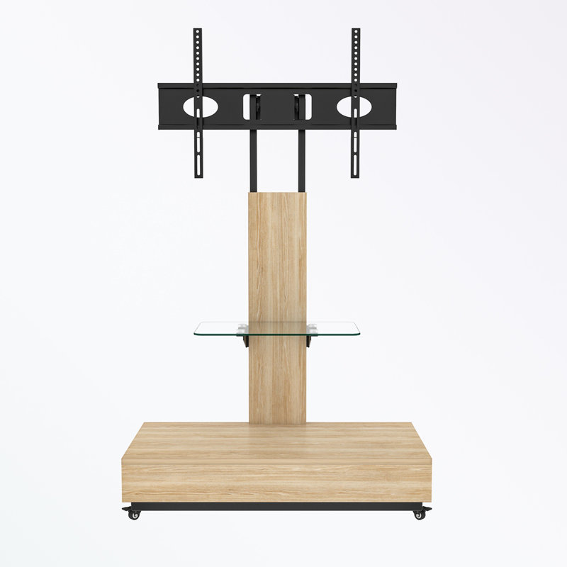 Mobile TV Stand for 32-75 Inch TVs, Adjustable Height Wood & Glass TV Cart with Wheels & Push-Pull Drawer, Natural, Natural