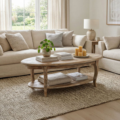 Rustic 48-Inch Solid Oval Wood Farmhouse Coffee Table with Curved Legs 