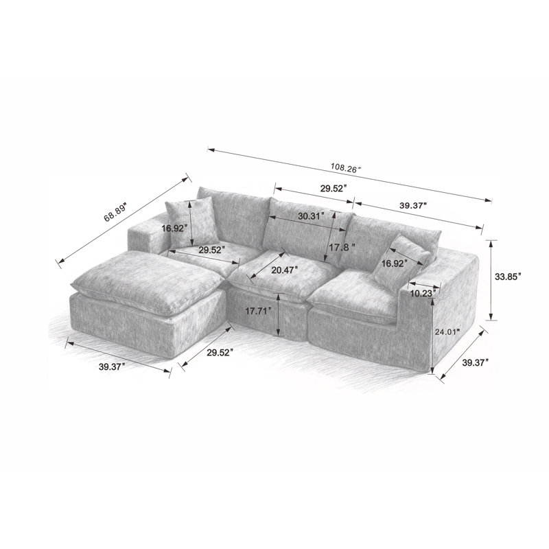 Canapé modulaire rembourré modulaire en chenille désossée à compression, sans assemblage, En forme de L (4 places)