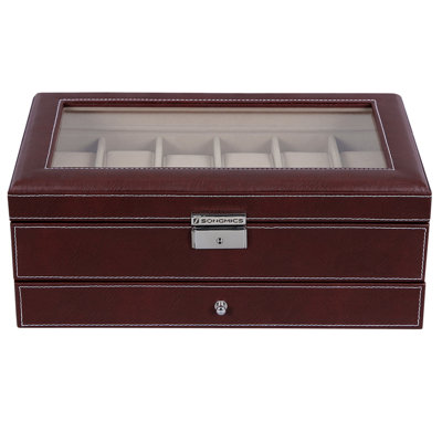 12-Slot Watch Box, Lockable Watch Case With Glass Lid, 2 Layers, Black Synthetic Leather, Black Lining