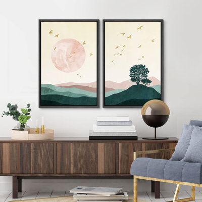 Birds And Pink & Green Gradient Mountain, reproduction sur toile encadrée 2 pièces