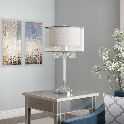Lampe de table haute 30 "Venelle" Moiselle ", accents argent et cristal, abat-jour argenté
