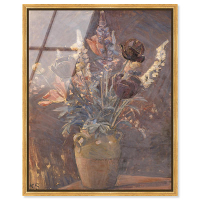 Vase en argile avec tulipes et autres fleurs, encadré en verre acrylique à haute brillance par Art Remedy, cadre doré, 30 x 36