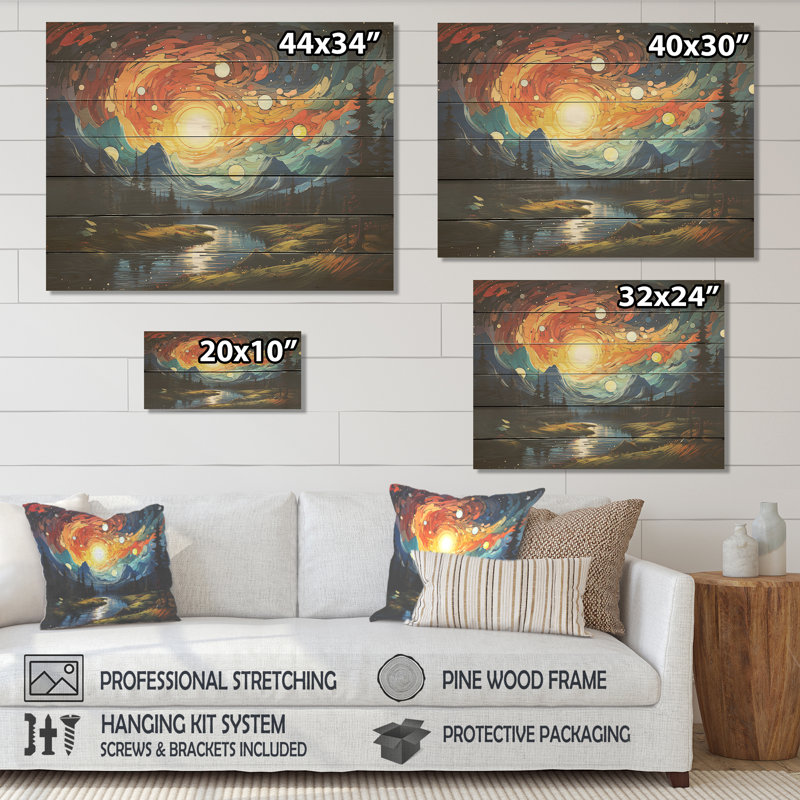Yellow Mountain Moon Galatic III - Forest And River On Wood Print, 10" H x 20" W x 0.78" D
