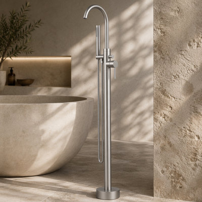 Freestanding Bathtub Faucet Tub Floor Mount Bathroom Faucets Brass Single Handle with Hand Shower High Flow Rate Max 6 GPM